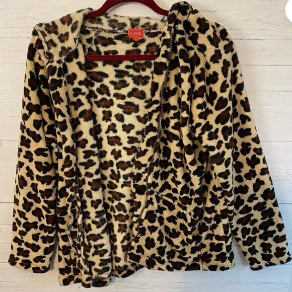 LACE Leopard Print Plush PJ Jacket Brown Soft Hoodie Women's Size M Pocket EUC - Picture 1 of 7